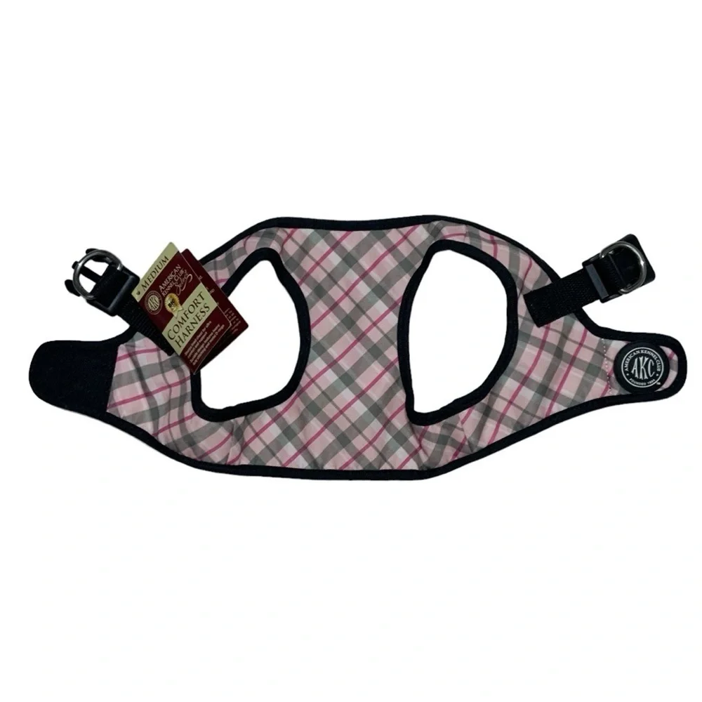 American Kennel Club Dog Harness Vest Designer Tartan Plaid Sherpa Lined Pink M
